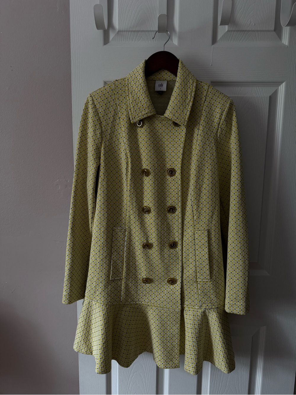Cabi Hobnob Topper Coat Jacket Button Down Yellow White Dotted Size Small